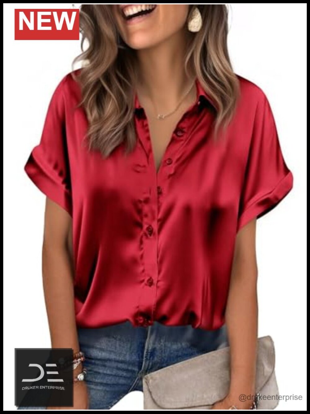 Satin Button Down Blouse Short Sleeve V-Neck Tailored Fit Office Top